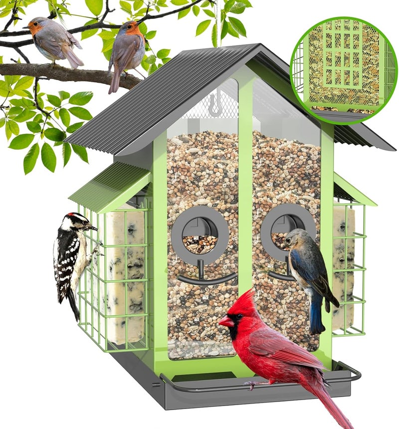 FlowaFoli Bird Feeders for Outdoors, Metal Bird Feeder with Double Suet Cage Weatherproof Metal Roof, 2 in 1 Mixed Seeds Suet Feeder, 4Lbs Large Capacity, Great for Finch、Cardinal、Chickadee（Green） - Image 1